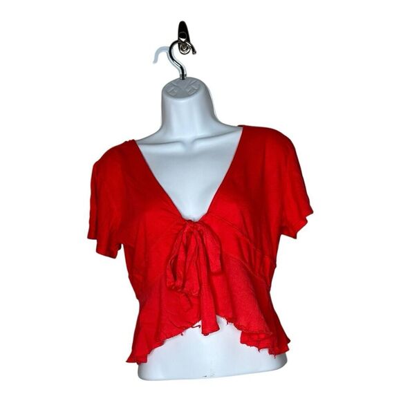 We The Free Top Womens XS Red Boho Ruffle Front Tie Cotton Crop - Picture 1 of 13
